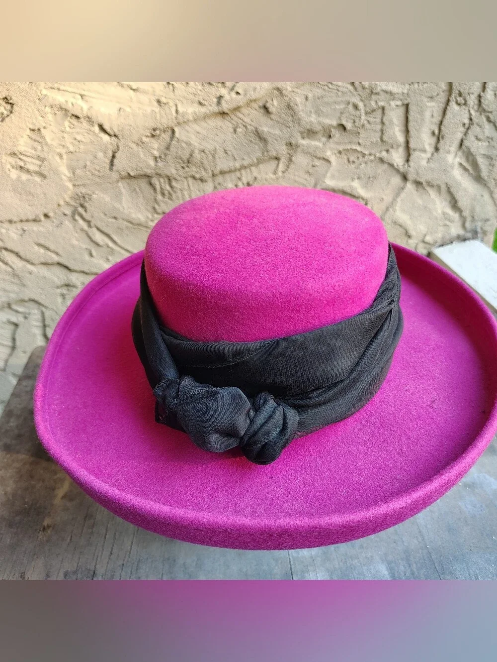 80s Vintage Hat Women's Hot Pink Wool W/ Black Ribbon Bow Wide Brim USA Vtg
